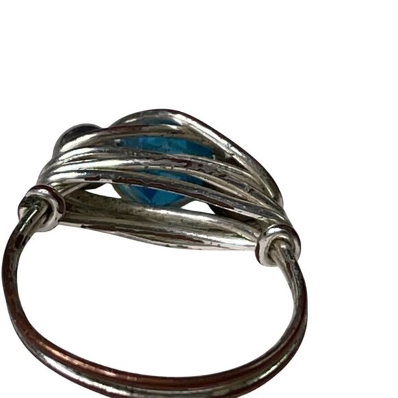 Silver Wire Wrapped Ring With Blue Glass Bead Metallic Accents u - Picture 2 of 4